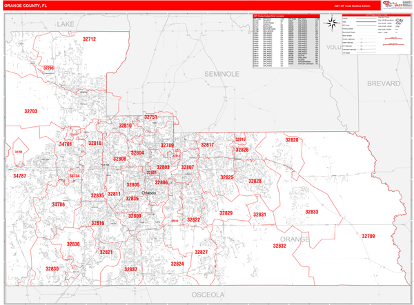 Orange County Florida Zip Code Map Orange County, Fl Zip Code Wall Map Red Line Style By Marketmaps - Mapsales
