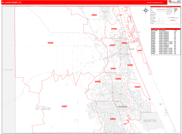 St Lucie County Map St. Lucie County, Fl Zip Code Wall Map Red Line Style By Marketmaps -  Mapsales