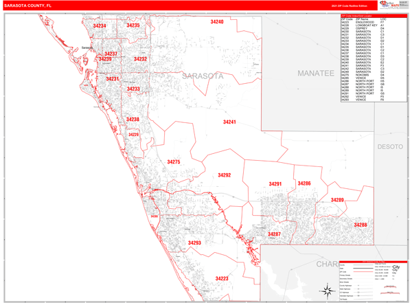 Sarasota County Zip Code Map Sarasota County, Fl Zip Code Wall Map Red Line Style By Marketmaps -  Mapsales