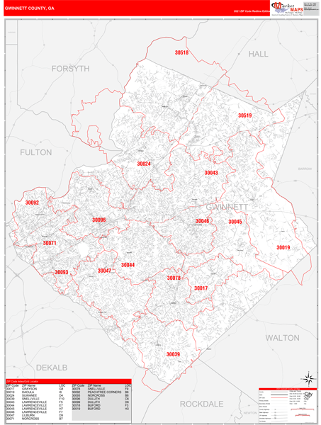 Gwinnett County Zip Code Map Gwinnett County, Ga Zip Code Wall Map Red Line Style By Marketmaps -  Mapsales