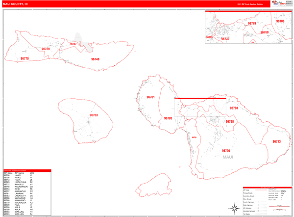 Maui Zip Code Map Maui County, Hi Zip Code Wall Map Red Line Style By Marketmaps - Mapsales