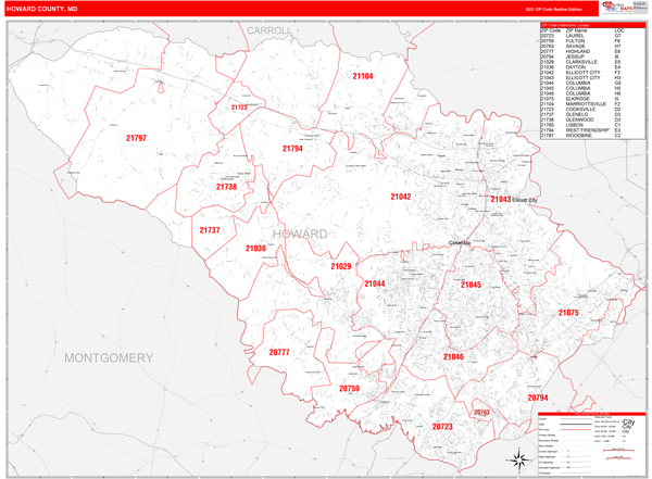 Howard County Zip Code Map Howard County, Md Zip Code Wall Map Red Line Style By Marketmaps - Mapsales