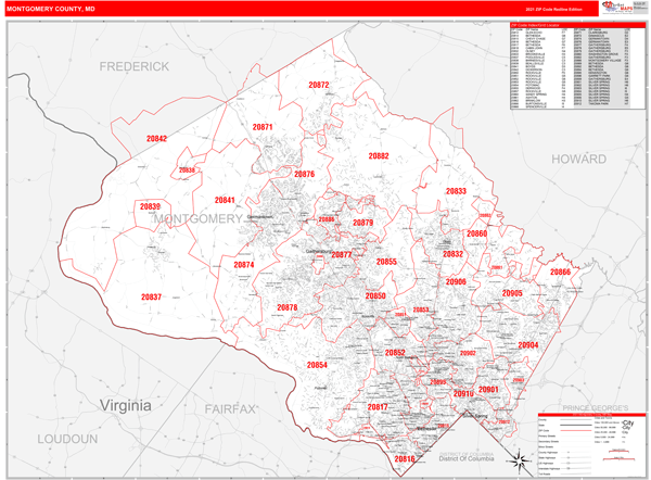 Montgomery County Md Zip Code Map Montgomery County, Md Zip Code Wall Map Red Line Style By Marketmaps -  Mapsales
