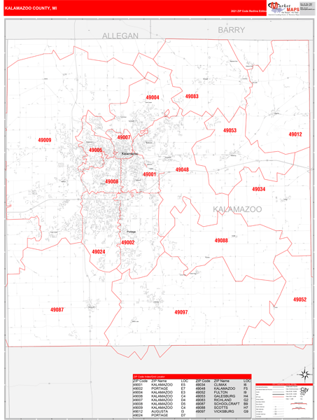 Kalamazoo Zip Code Map Kalamazoo County, Mi Zip Code Wall Map Red Line Style By Marketmaps -  Mapsales