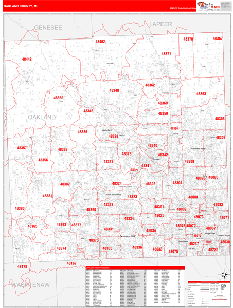 Oakland County Zip Code Map Oakland County, Mi Zip Code Wall Map Red Line Style By Marketmaps - Mapsales