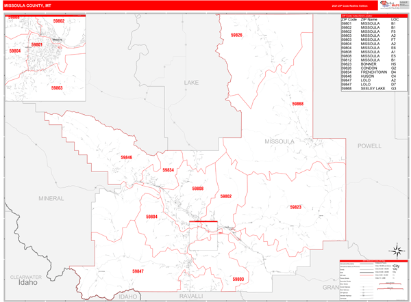 Missoula Zip Code Map Missoula County Mt Zip Code Wall Map Red Line Style By Marketmaps Mapsales