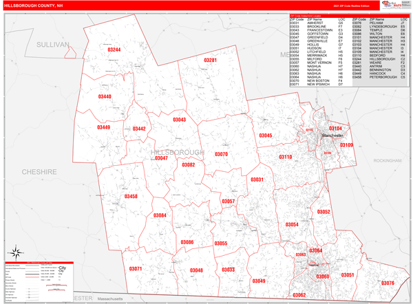 Map Of Hillsborough County Nh Hillsborough County, Nh Zip Code Wall Map Red Line Style By Marketmaps -  Mapsales