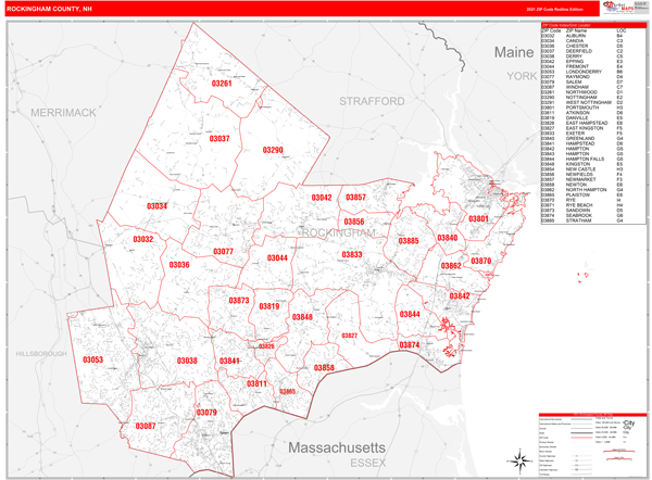 Map Of Rockingham County Nh Rockingham County, Nh Zip Code Wall Map Red Line Style By Marketmaps -  Mapsales