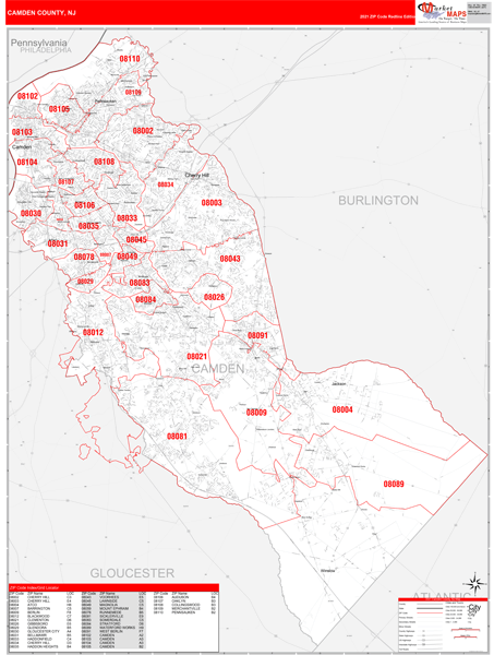 Map Of Camden County Nj Camden County, Nj Zip Code Wall Map Red Line Style By Marketmaps - Mapsales