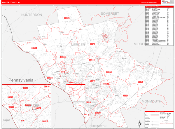 Map Of Mercer County Nj Mercer County, Nj Zip Code Wall Map Red Line Style By Marketmaps - Mapsales