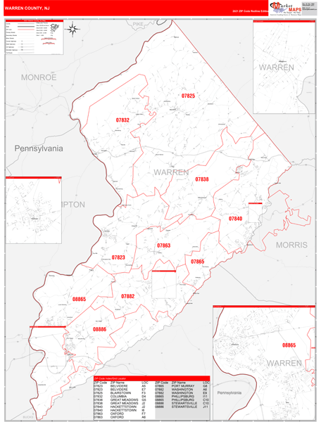 Map Of Warren County Nj Warren County, Nj Zip Code Wall Map Red Line Style By Marketmaps - Mapsales