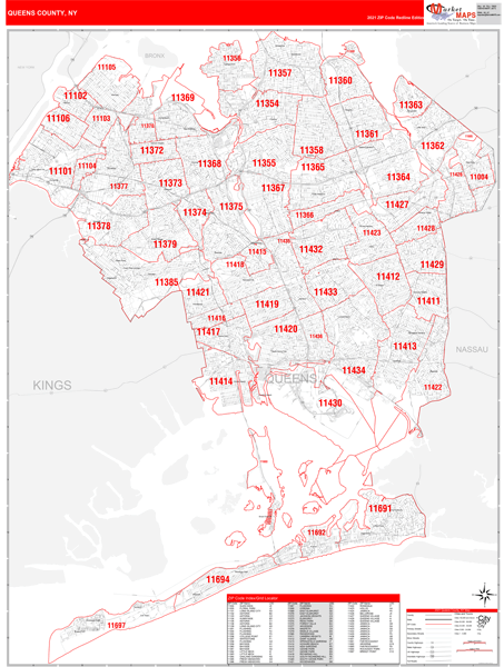 Queens Ny Zip Code Map Queens County, Ny Zip Code Wall Map Red Line Style By Marketmaps - Mapsales