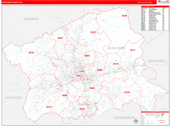 Map Of Buncombe County Nc Buncombe County, Nc Zip Code Wall Map Red Line Style By Marketmaps -  Mapsales