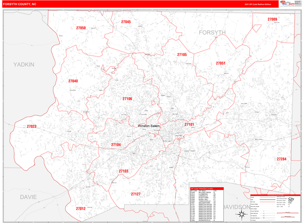 Winston Salem Zip Code Map Forsyth County Nc Zip Code Wall Map Red Line Style By Marketmaps Mapsales