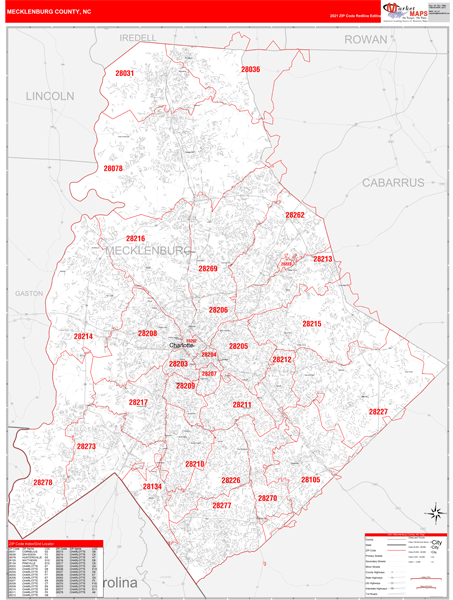 Mecklenburg County Zip Code Map Mecklenburg County, Nc Zip Code Wall Map Red Line Style By Marketmaps -  Mapsales