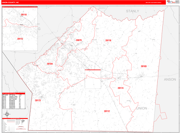 Map Of Union County Nc Union County, Nc Zip Code Wall Map Red Line Style By Marketmaps - Mapsales