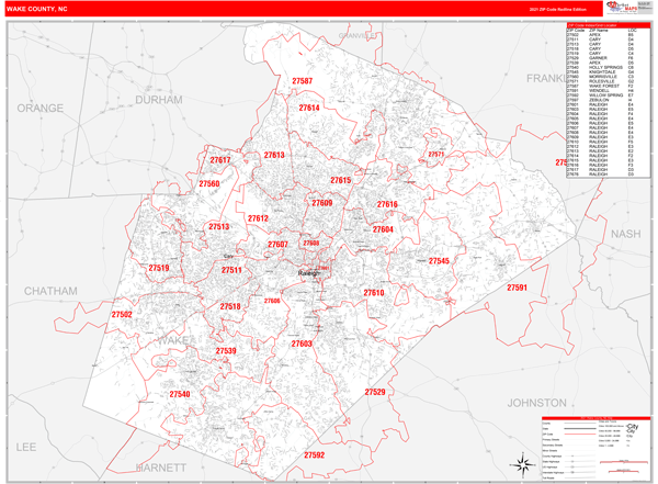 Wake County Zip Code Map Wake County, Nc Zip Code Wall Map Red Line Style By Marketmaps - Mapsales