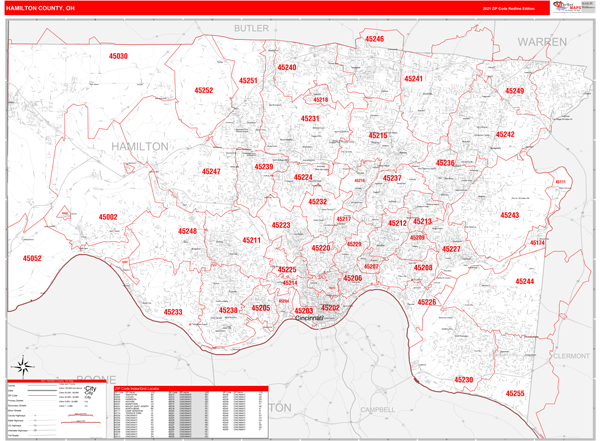 Hamilton County Ohio Zip Code Map Hamilton County, Oh Zip Code Wall Map Red Line Style By Marketmaps -  Mapsales