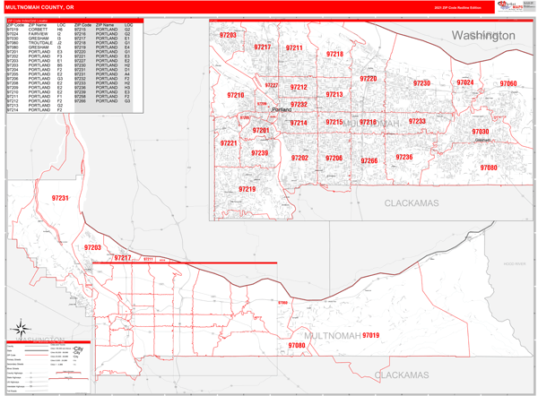 Multnomah County Zip Code Map Multnomah County, Or Zip Code Wall Map Red Line Style By Marketmaps -  Mapsales