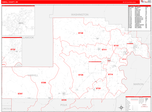 Map Of Yamhill County Oregon Yamhill County, Or Zip Code Wall Map Red Line Style By Marketmaps - Mapsales