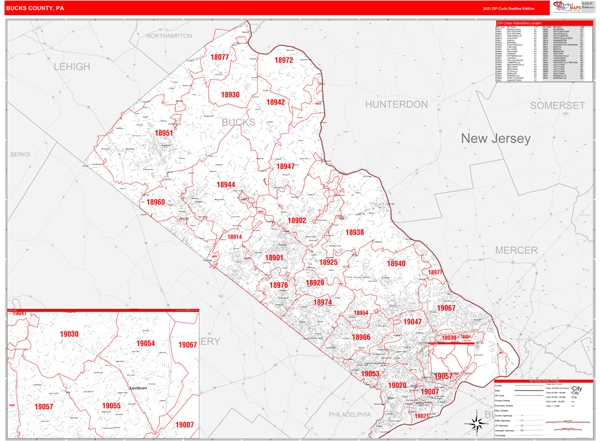 Bucks County Zip Code Map Bucks County, Pa Zip Code Wall Map Red Line Style By Marketmaps - Mapsales