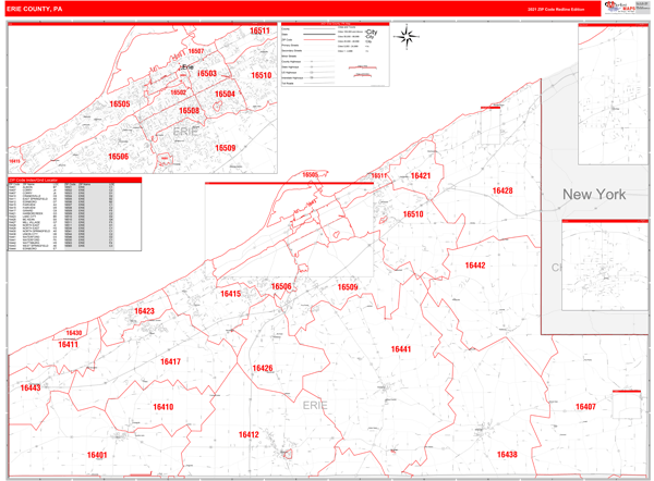 Erie Pa Zip Code Map Erie County, Pa Zip Code Wall Map Red Line Style By Marketmaps - Mapsales