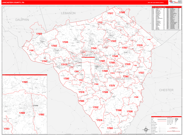 Lancaster Pa Zip Code Map Lancaster County, Pa Zip Code Wall Map Red Line Style By Marketmaps -  Mapsales