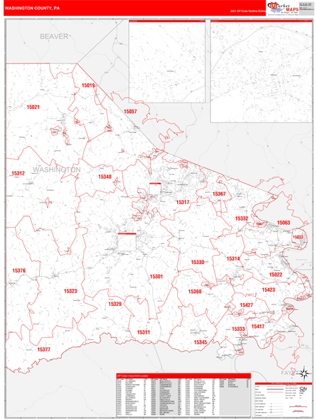 Washington Pa Zip Code Map Washington County, Pa Zip Code Wall Map Red Line Style By Marketmaps -  Mapsales