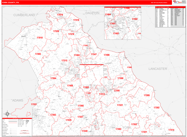York Pa Zip Code Map York County, Pa Zip Code Wall Map Red Line Style By Marketmaps - Mapsales