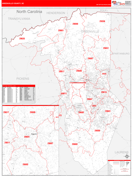 Zip Code Map Greenville Sc Greenville County, Sc Zip Code Wall Map Red Line Style By Marketmaps -  Mapsales