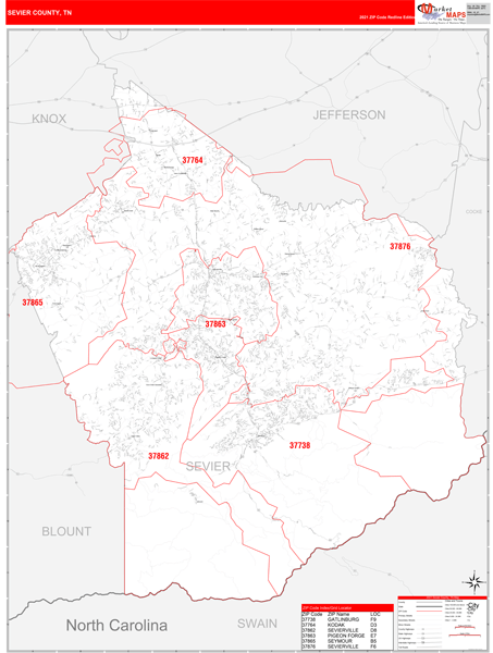 Map Of Sevier County Tn Sevier County, Tn Zip Code Wall Map Red Line Style By Marketmaps - Mapsales