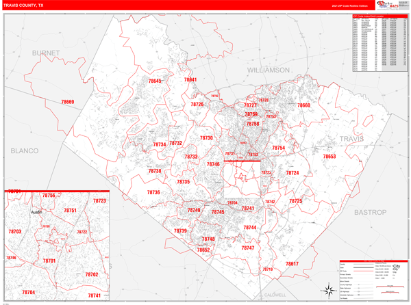 Travis County Line Map Travis County, Tx Zip Code Wall Map Red Line Style By Marketmaps - Mapsales
