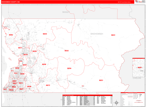 Snohomish County Zip Code Map Snohomish County, Wa Zip Code Wall Map Red Line Style By Marketmaps -  Mapsales