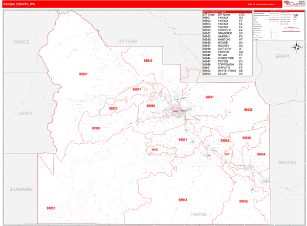 Yakima Zip Code Map Yakima County, Wa Zip Code Wall Map Red Line Style By Marketmaps - Mapsales