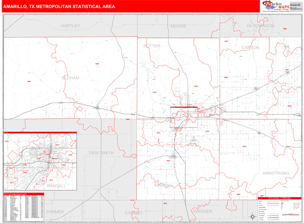 Amarillo Tx Metro Area Zip Code Wall Map Basic Style By Marketmaps