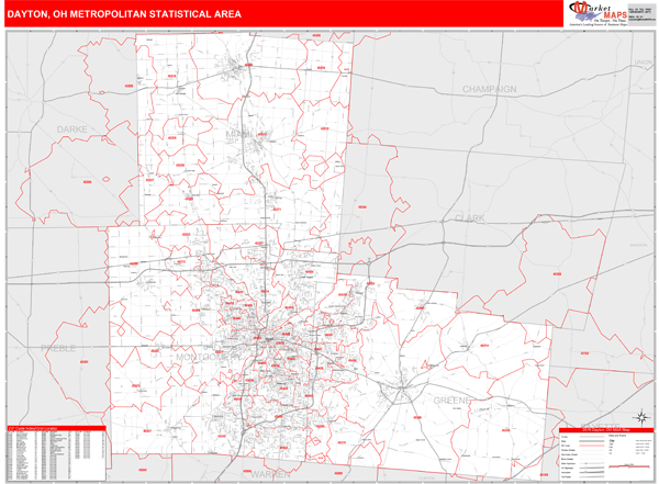 Dayton, OH Metro Area Zip Code Wall Map Red Line Style by MarketMAPS