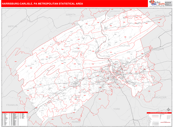 Harrisburg-Carlisle, PA Metro Area Wall Map Red Line Style by MarketMAPS