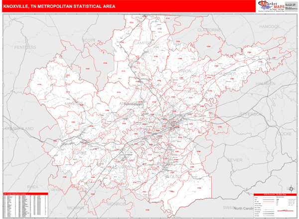 Knoxville, TN Metro Area Zip Code Wall Map Red Line Style by MarketMAPS
