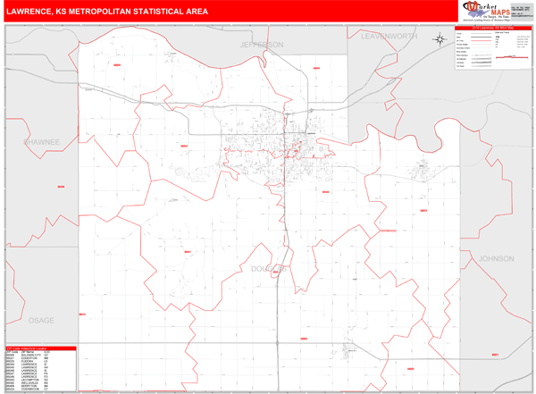 Lawrence, KS Metro Area Zip Code Wall Map Red Line Style by MarketMAPS