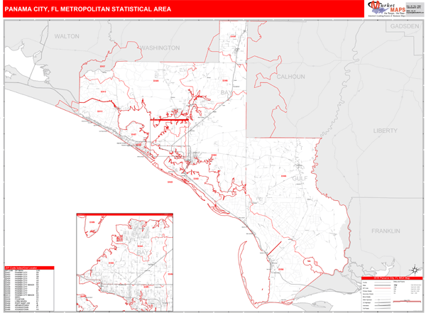 Panama City, FL Metro Area Zip Code Wall Map Red Line Style by MarketMAPS