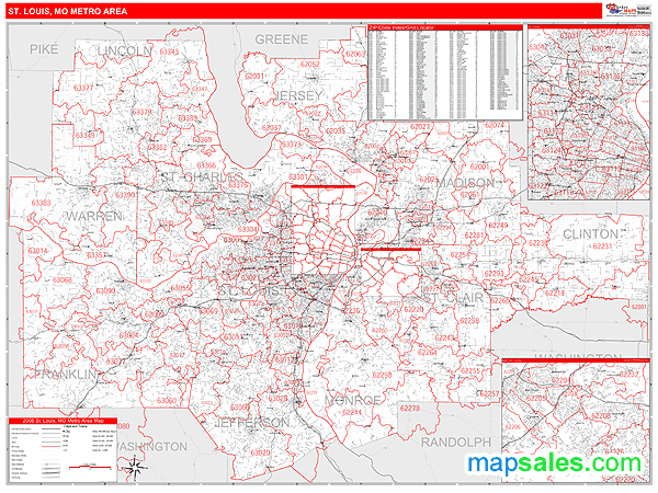 St. Louis, MO Metro Area Zip Code Wall Map Red Line Style by MarketMAPS
