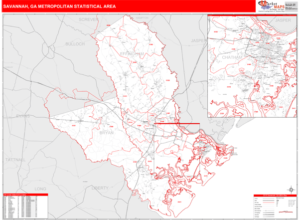 Savannah, GA Metro Area Zip Code Wall Map Red Line Style by MarketMAPS