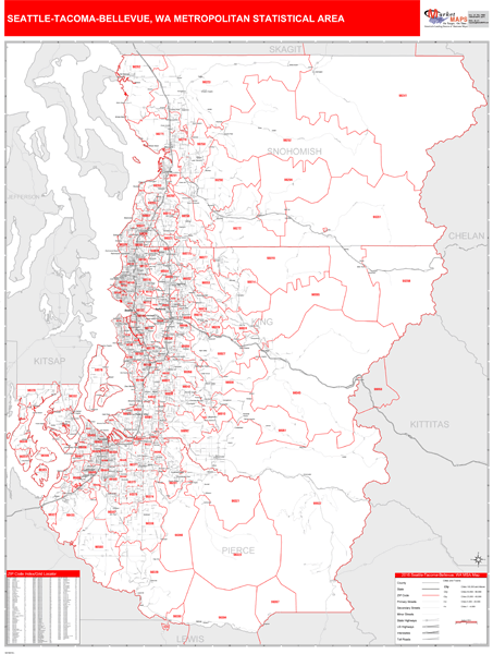 Seattle Tacoma Bellevue Wa Metro Area Wall Map Red Line Style By