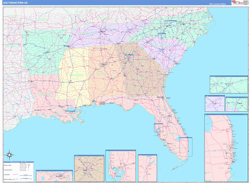 USA Southeast Regional Wall Map US Regional Map Color Cast Style