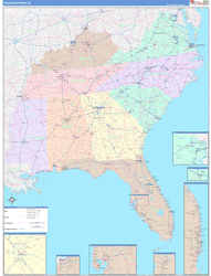 Southeast 2 US Regional Wall Map US Regional Map Color Cast Style