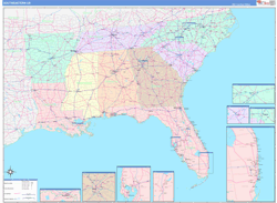 US Southeast Regional Wall Map Color Cast Style 2025