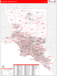 Los Angeles-Orange Counties, CA Wall Map Zip Code Red Line Style 2024