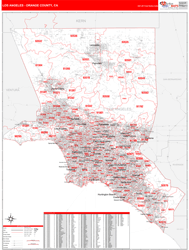 Los Angeles-Orange Counties, CA Wall Map Zip Code Red Line Style 2025