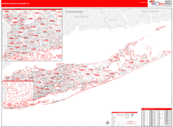 Nassau-Suffolk Counties, NY Wall Map Zip Code Red Line Style 2024