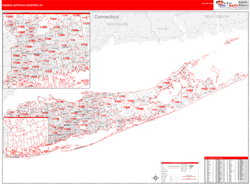 Nassau-Suffolk Counties, NY Wall Map Zip Code Red Line Style 2025